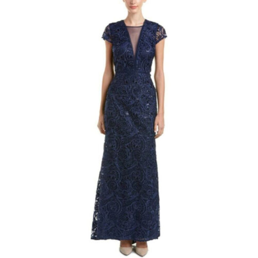 CARMEN MARC VALVO Womens Navy Cap Sleeve Full-Length Evening Fit + Flare Dress 4